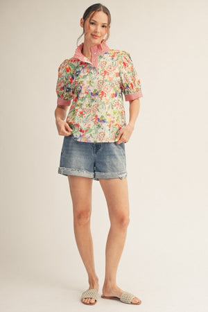 JODIFL Women's Top Stripe Contrast Accent Ruffled Neck Floral Top