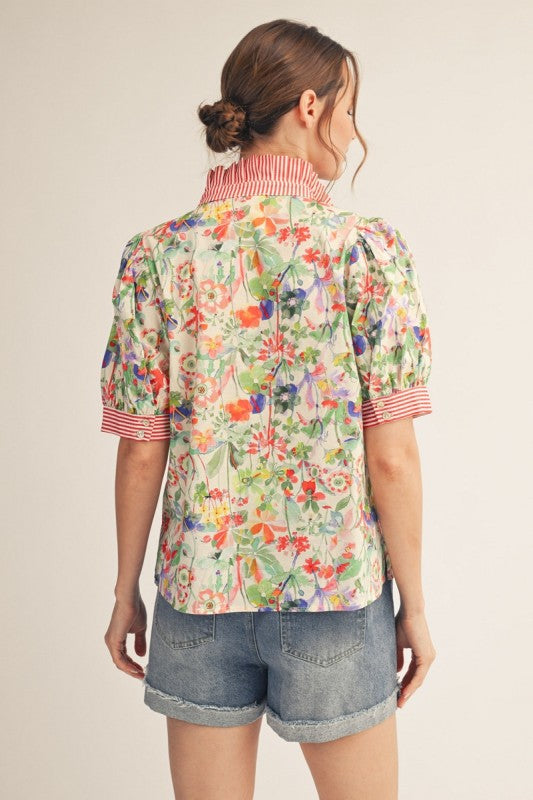 JODIFL Women's Top Stripe Contrast Accent Ruffled Neck Floral Top