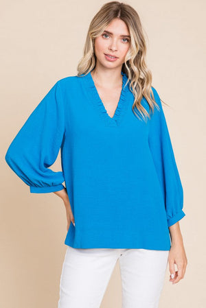 JODIFL Women's Top TURQUOIS / S Solid 3/4 Bubble Sleeves Top || David's Clothing H10739
