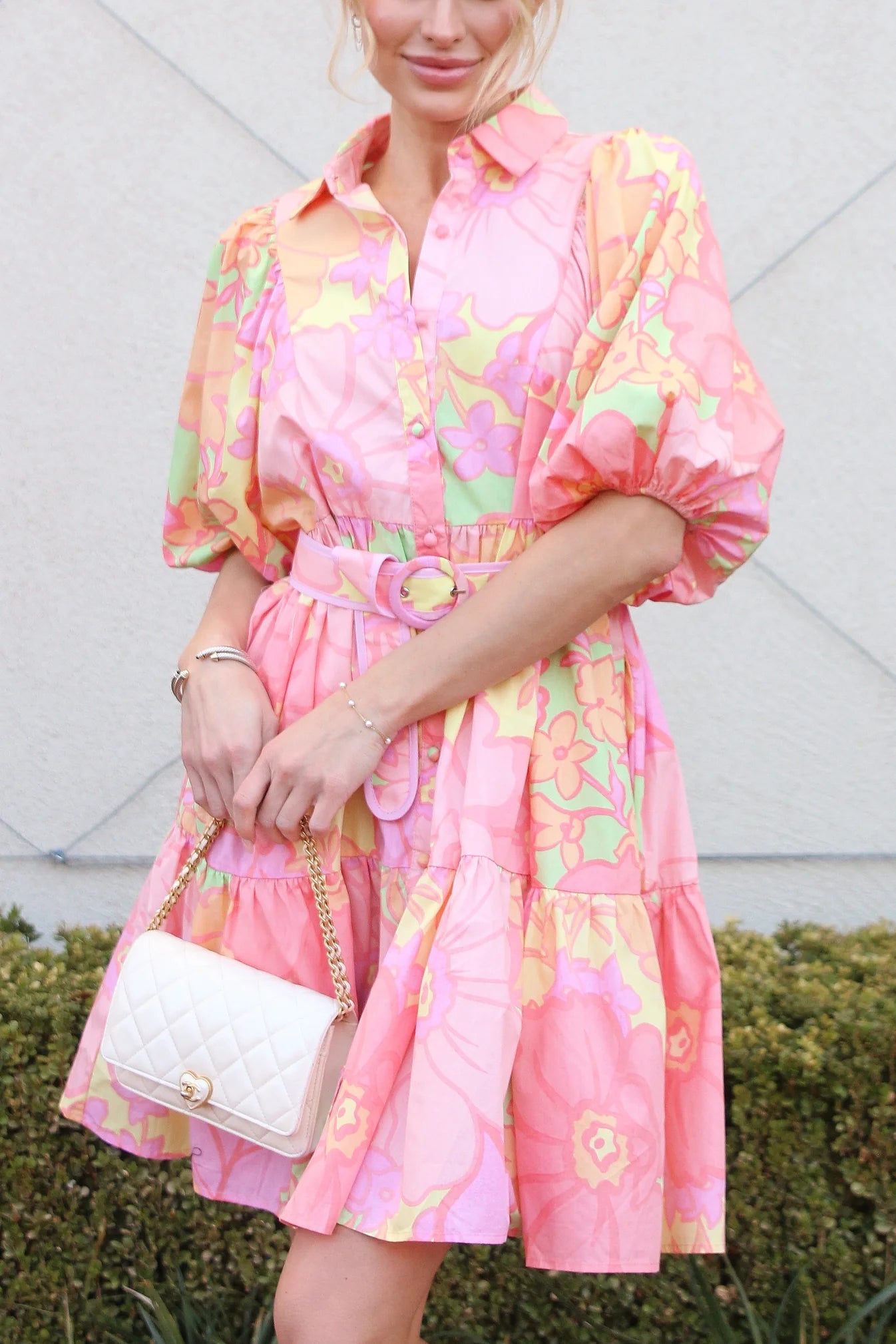 KARLIE CLOTHES Women's Dress Karlie Big Floral Pastel Shirt Dress with Belt