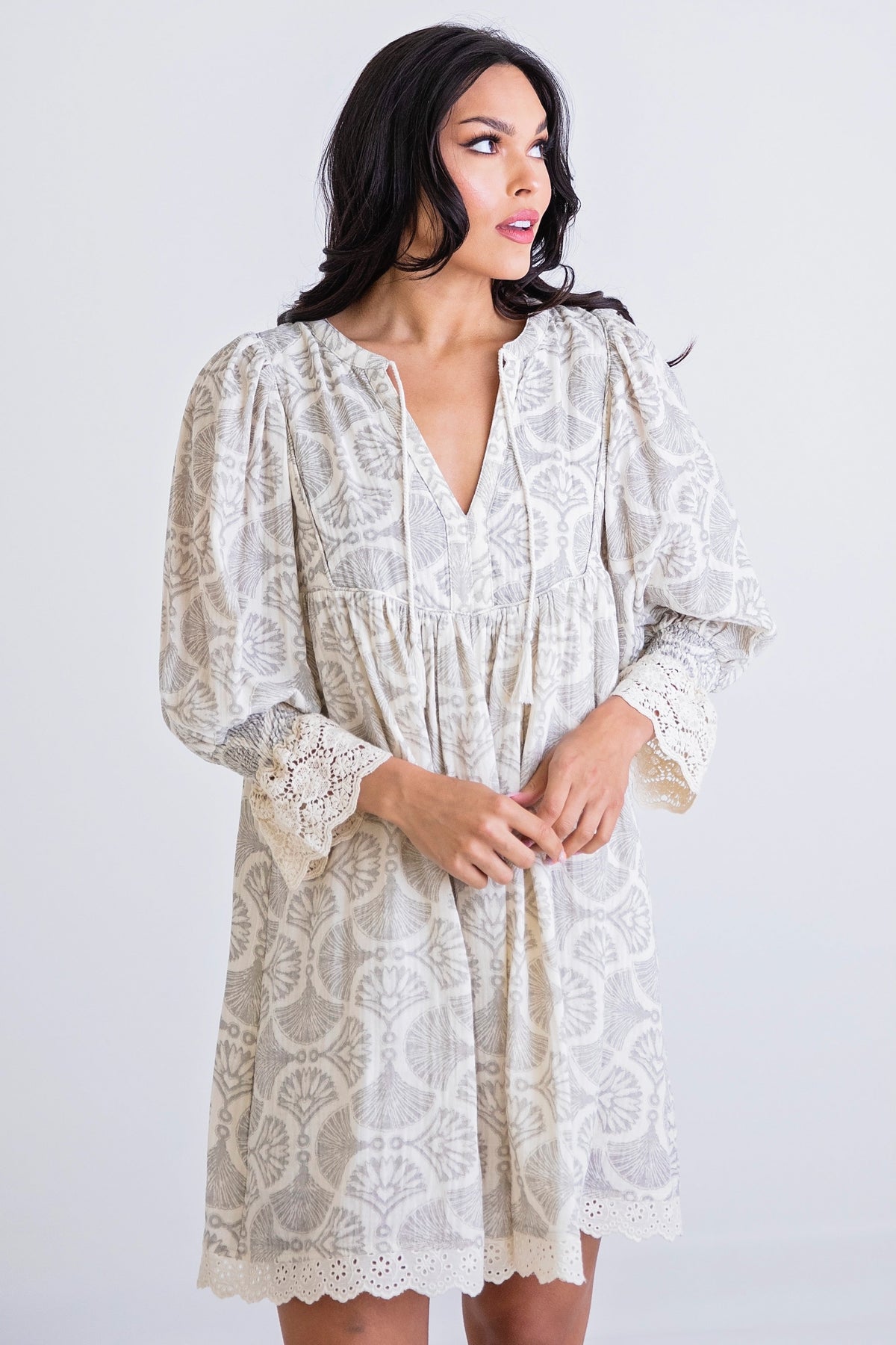 Karlie Vintage Fan Boho Crochet Trim Dress