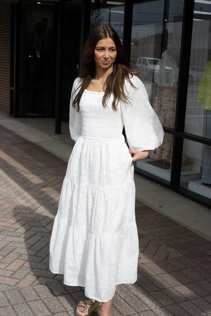 Karlie Eyelit Bow Back Smock Tier Maxi Dress - David's Clothing