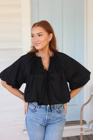 KARLIE CLOTHES Women's Top BLACK / S Karlie Solid Poplin Bubble Sleeve Top 15543