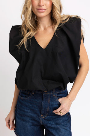 KARLIE CLOTHES Women's Top Kalrie Solid Poplin Vneck Bubble Top