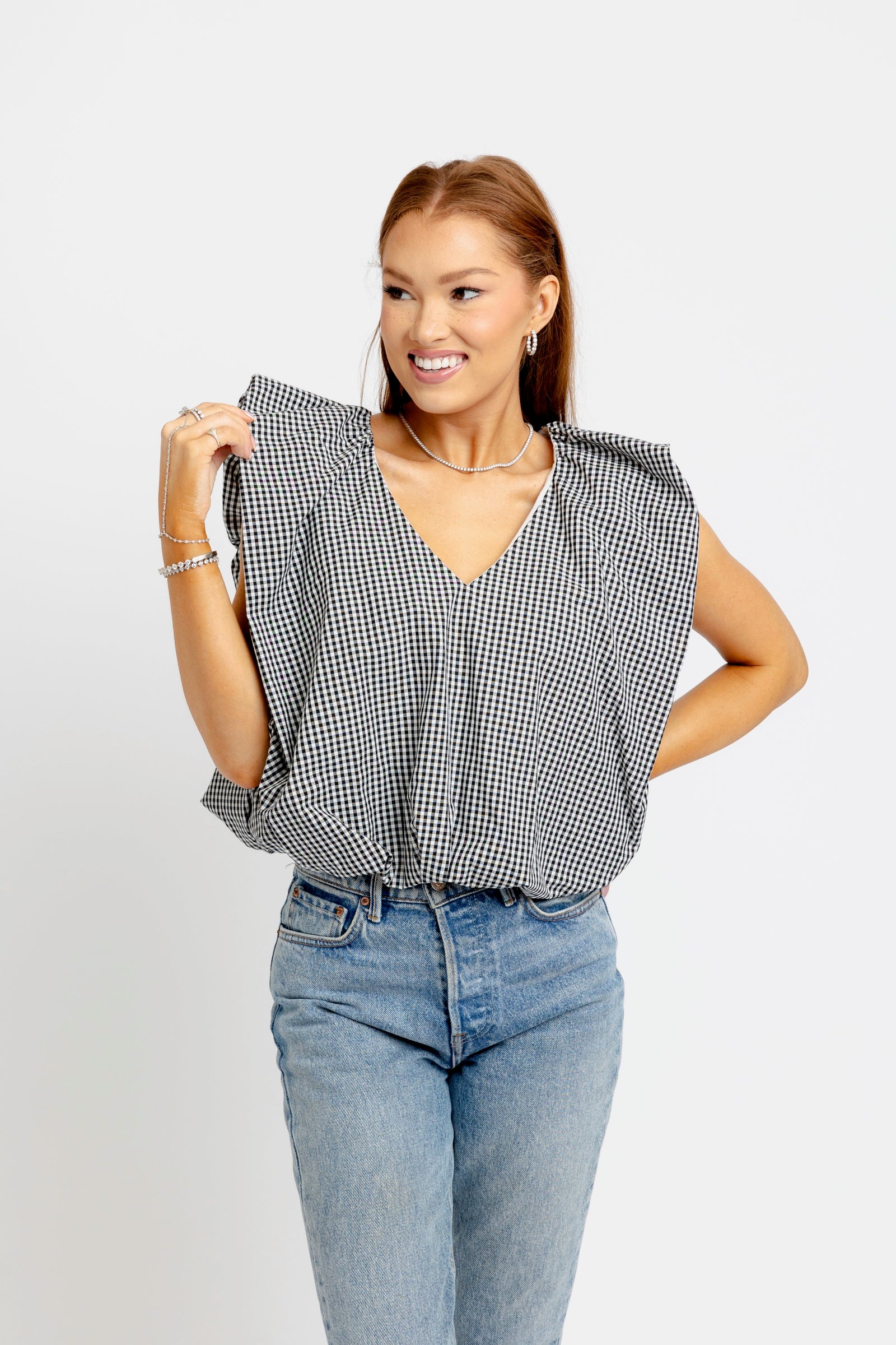 KARLIE CLOTHES Women's Top BLACK / S Karlie Gingham Poplin Bubble Sleeve Top ET5300AKL