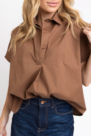 KARLIE CLOTHES Women's Top Karlie Solid Poplin Collar Vneck Top