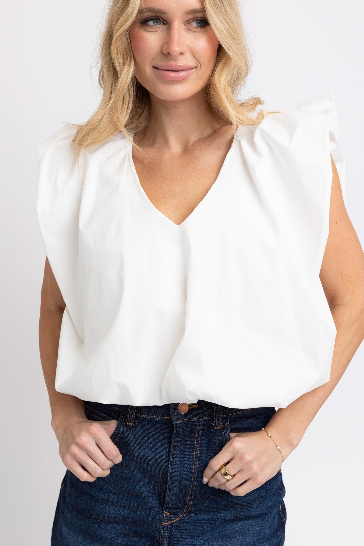 KARLIE CLOTHES Women's Top Karlie Solid Poplin Vneck Bubble Top