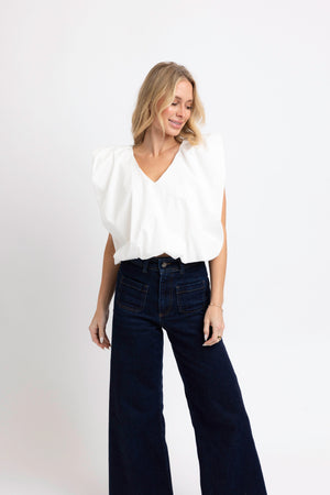 KARLIE CLOTHES Women's Top Karlie Solid Poplin Vneck Bubble Top