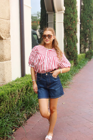 KARLIE CLOTHES Women's Top Karlie Stripe "America" Pleat Sleeve Top