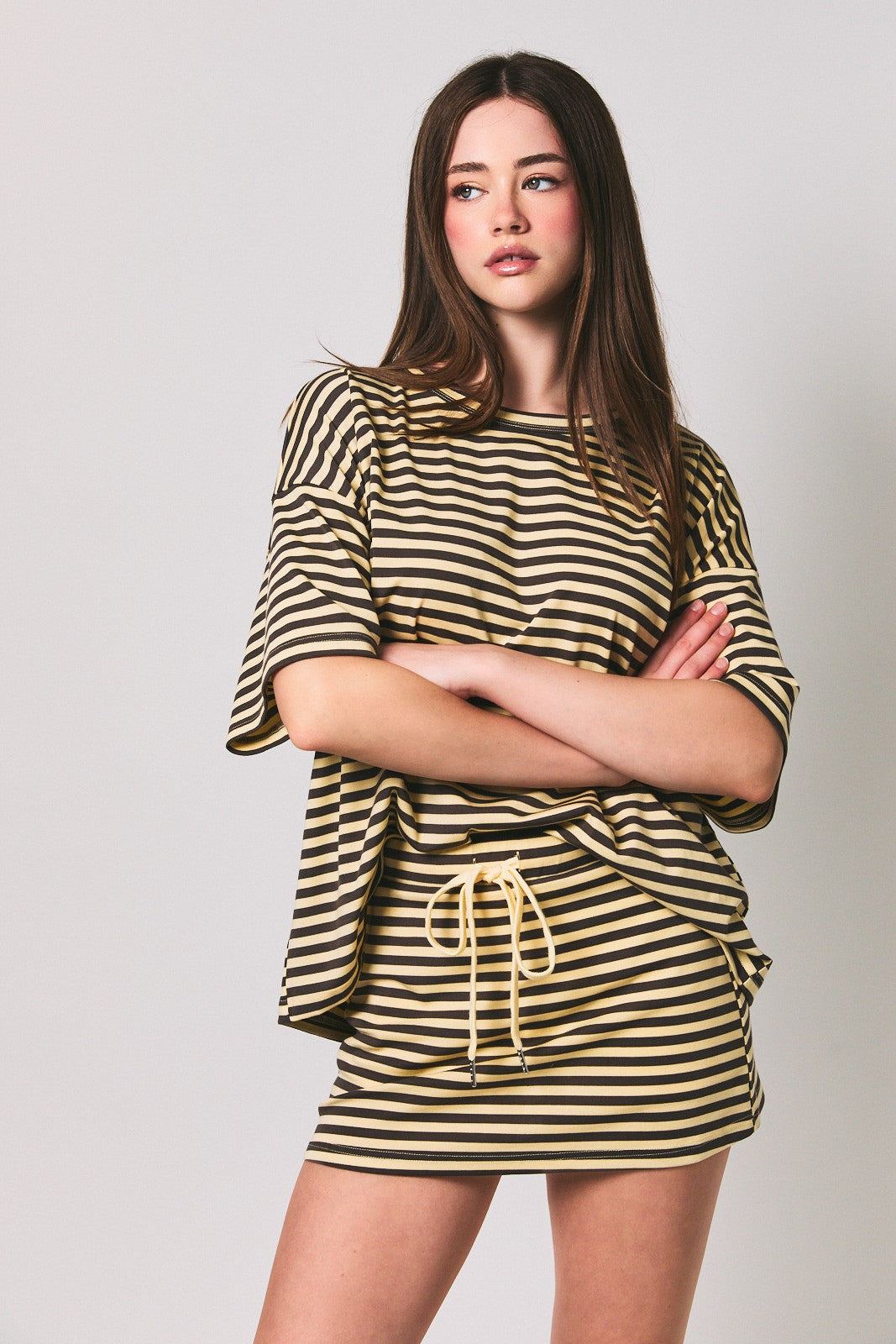 LELIS COLLECTION BTR/CHAR / XS Short Sleeve Round Neck Oversized Stripe T-shirt IT6334NEW