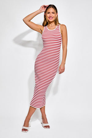 LELIS COLLECTION Women's Dresses WHT/RED / XS Sleeveless Round Neck Striped Rib Sweater Dress || David's Clothing IWD4406