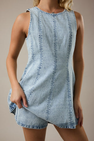 LELIS COLLECTION Women's Romper Round Neck Sleeveless Flare Denim Romper