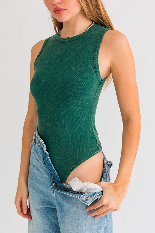 Women's Green Bodysuit Sleeveless Round Neck