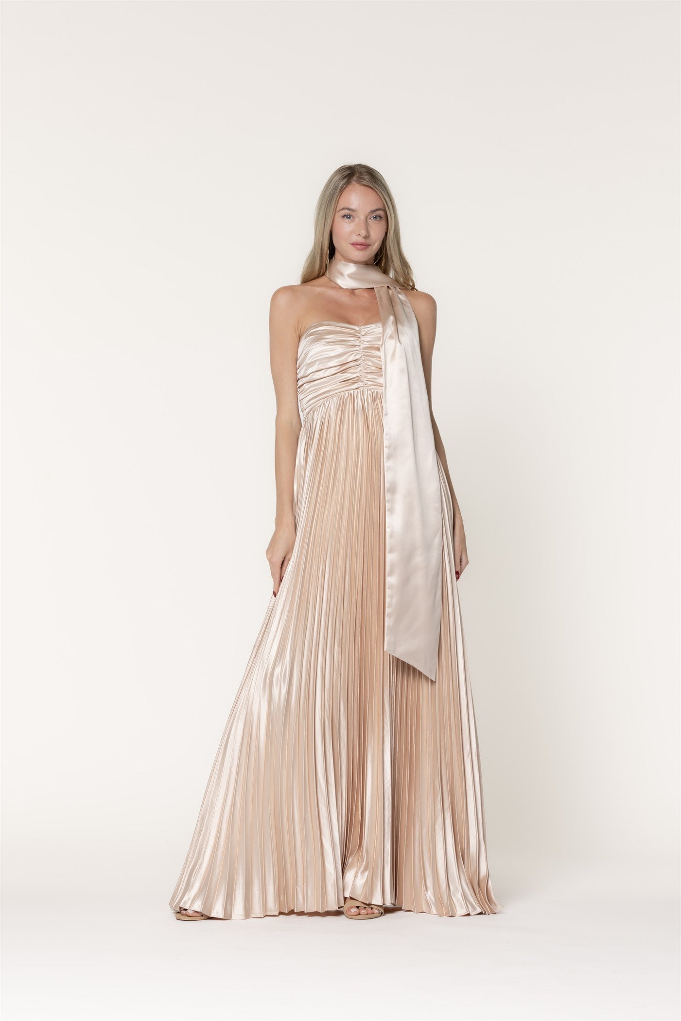 LENA Women's Dresses CHAMPAGNE / S Scarf Detail Pleated Satin Sweetheart Neckline Maxi D8465