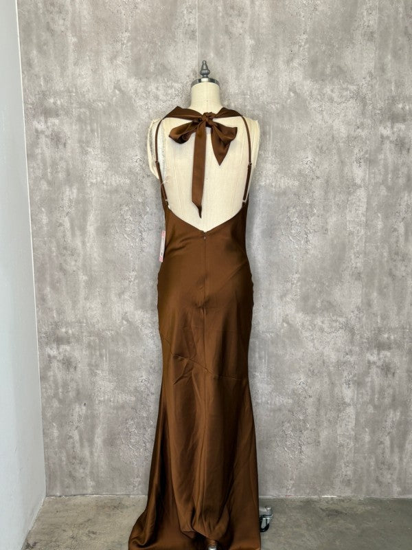 Cowl Neck And Backless Detail Satin Maxi Dress - BROWN / S Cowl Neck And Backless Detail Satin Maxi Dress - BROWN / S