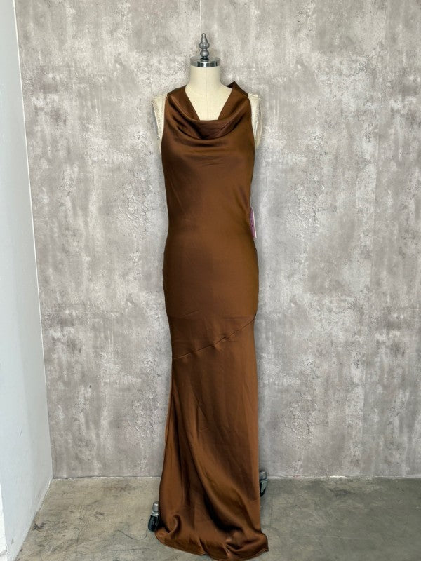 Cowl Neck and Backless Detail Satin Maxi Dress - Brown / S Cowl Neck and Backless Detail Satin Maxi Dress - Brown / S