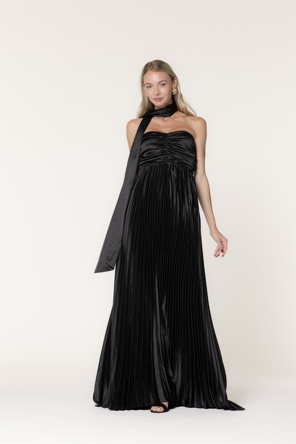 pleated maxi dress with scarf Sky Blue Strapless Chiffon Pleated A Line Long Prom Dresses With Scarf, Pink / 4