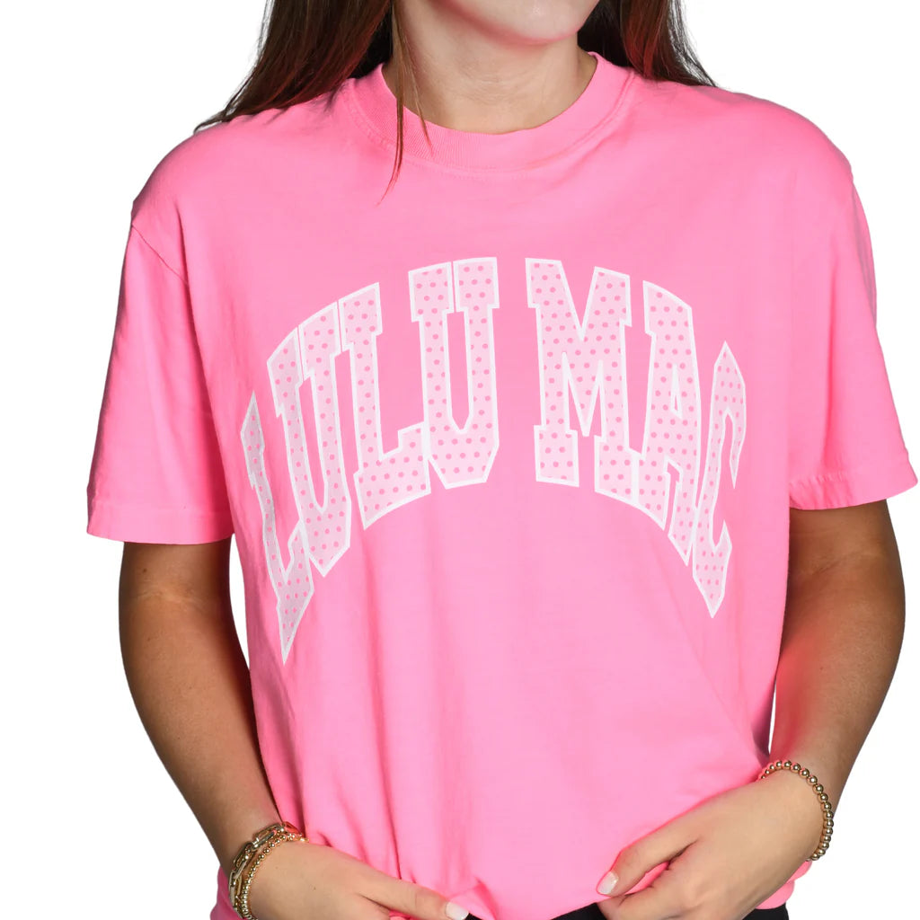 LU LU MAC Women's Tee Lulu Mac Polka Dot Adult Neon Pink Comfort Colors Tee