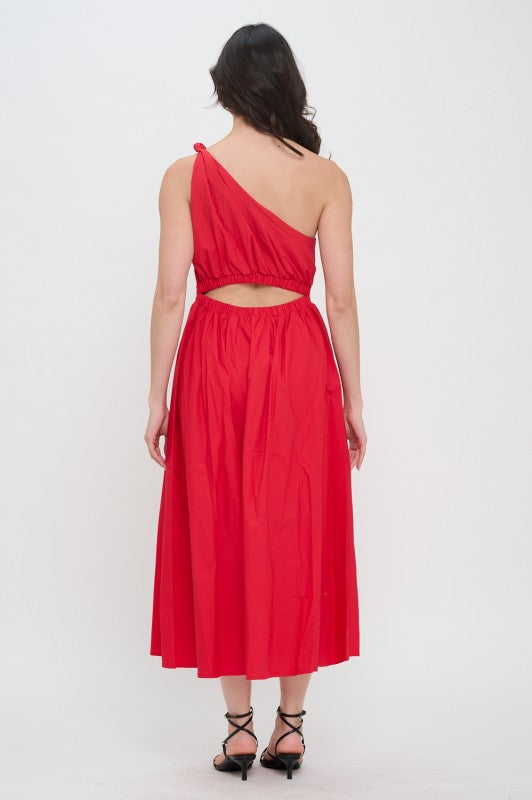 Red Poplin One Shoulder Maxi Dress - Red / L Red Poplin One Shoulder Maxi Dress - Red / L