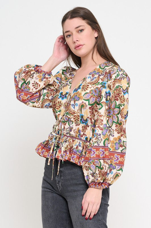MEET ME IN SANTORINI Women's Top  Regal Tapestry Long Sleeve Blouse || David's Clothing