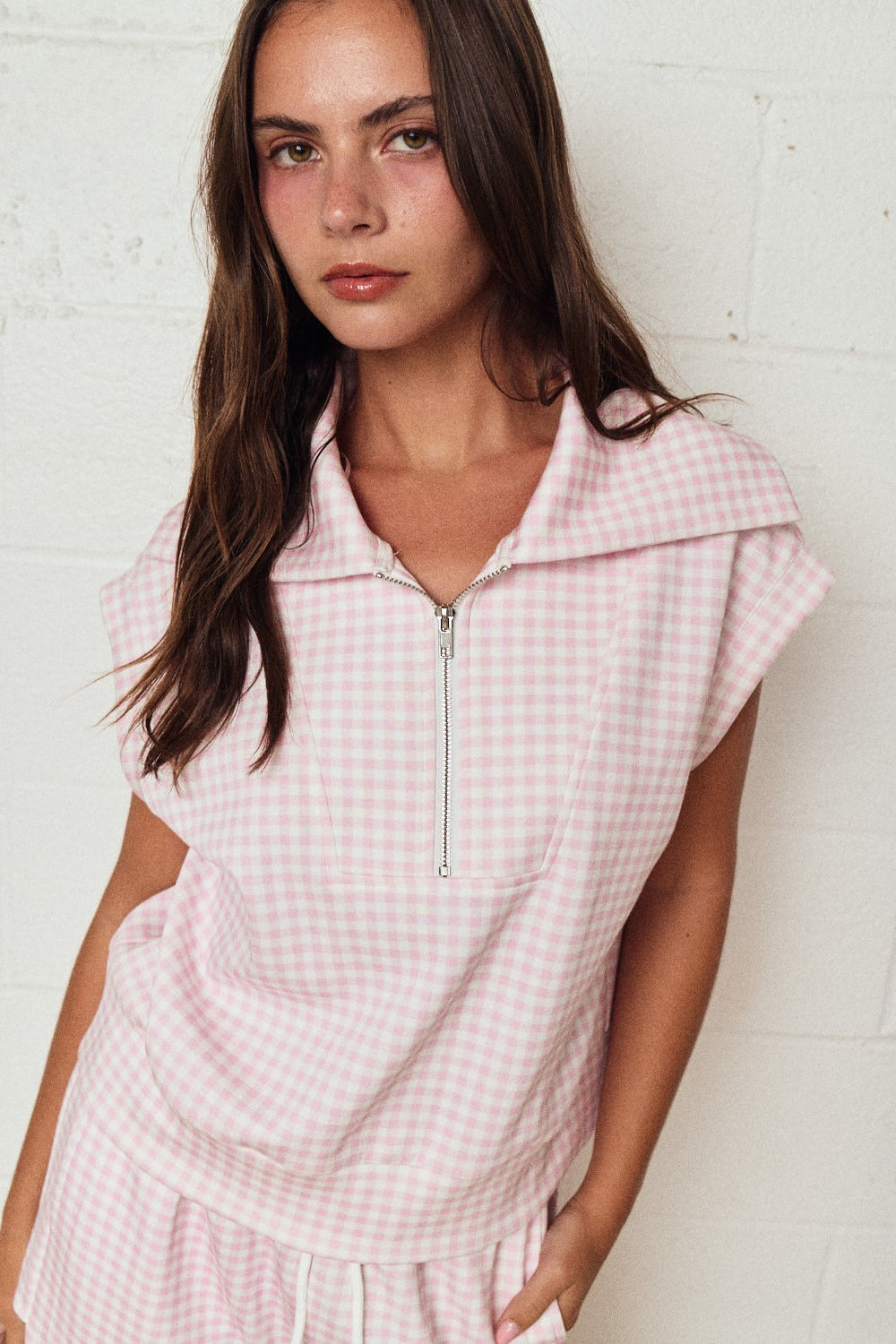 PAPER MOON Women's Set Gingham Quarter Zip Sleeveless Set