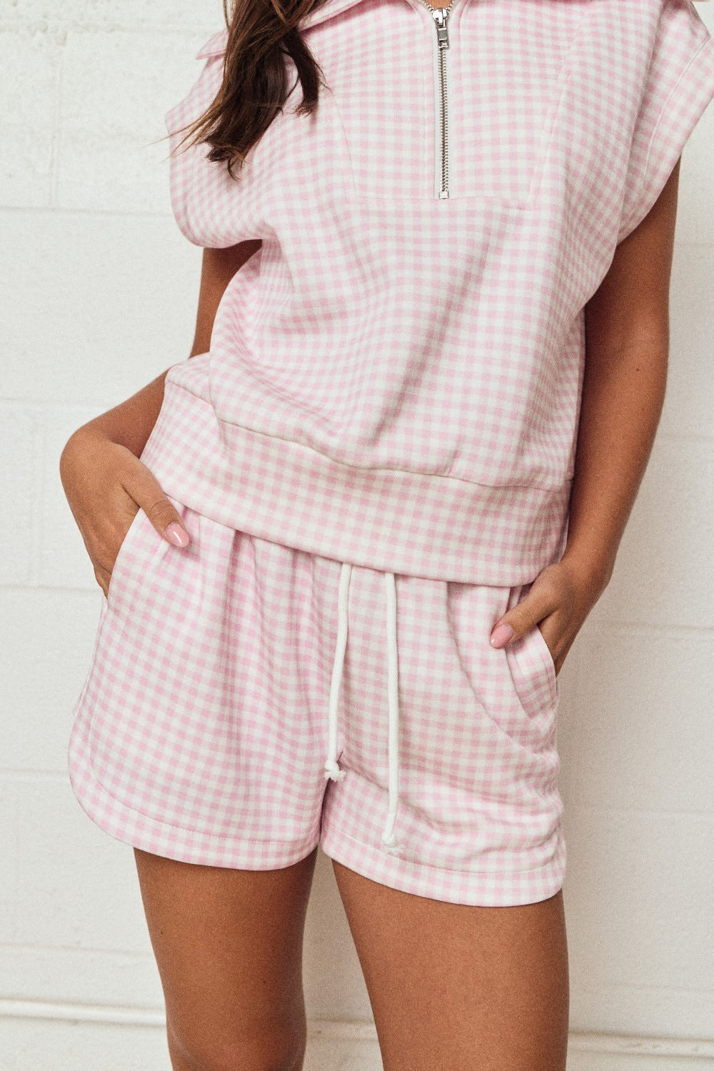 PAPER MOON Women's Set Gingham Quarter Zip Sleeveless Set