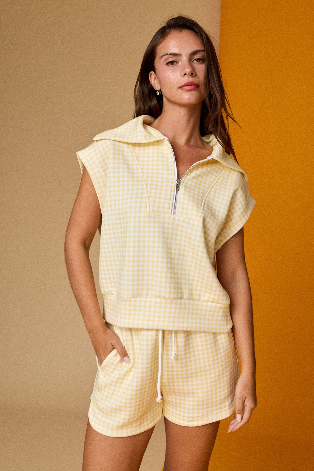 PAPER MOON Women's Set PINK / S Gingham Quarter Zip Sleeveless Set PX17846-3