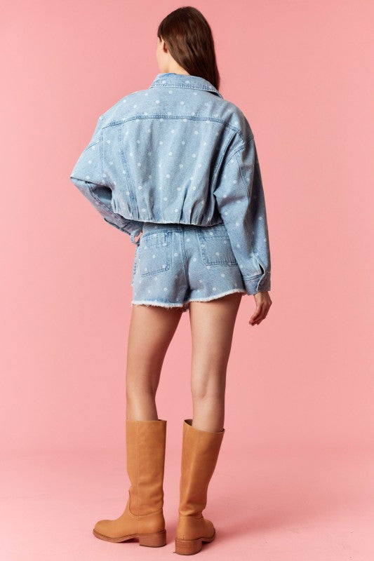 PEACH LOVE Women Jackets Polka Dot Washed Denim Bubble Pleat Hem Jacket