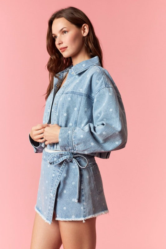PEACH LOVE Women Jackets Polka Dot Washed Denim Bubble Pleat Hem Jacket