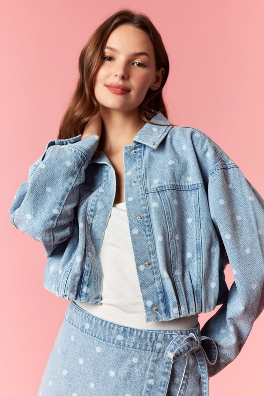 PEACH LOVE Women Jackets Polka Dot Washed Denim Bubble Pleat Hem Jacket