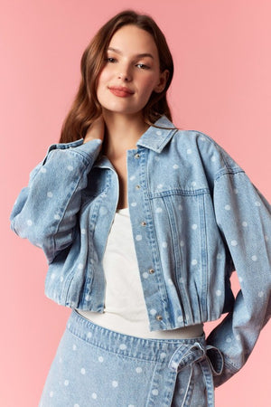 PEACH LOVE Women Jackets Polka Dot Washed Denim Bubble Pleat Hem Jacket