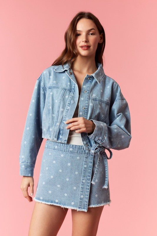 PEACH LOVE Women Jackets Polka Dot Washed Denim Bubble Pleat Hem Jacket