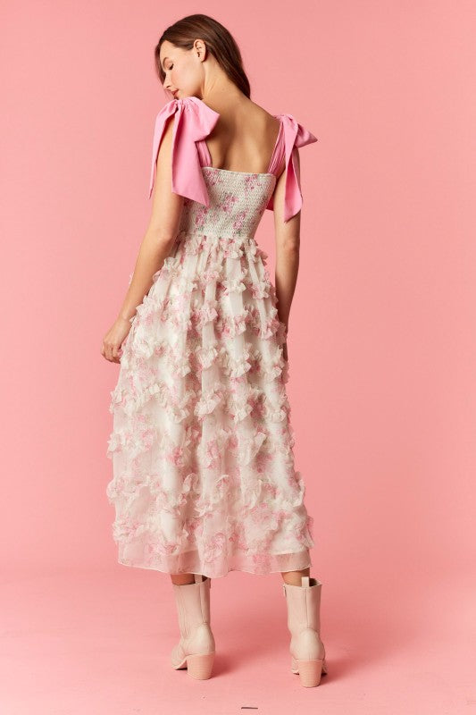 Bow Tie Strap Floral Smocked Organza Midi Dress Bow Tie Strap Floral Smocked Organza Midi Dress