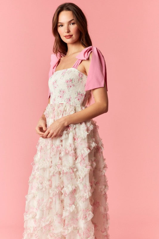 Bow Tie Strap Floral Smocked Organza Midi Dress - Cream/Pink / M Bow Tie Strap Floral Smocked Organza Midi Dress - Cream/Pink / M