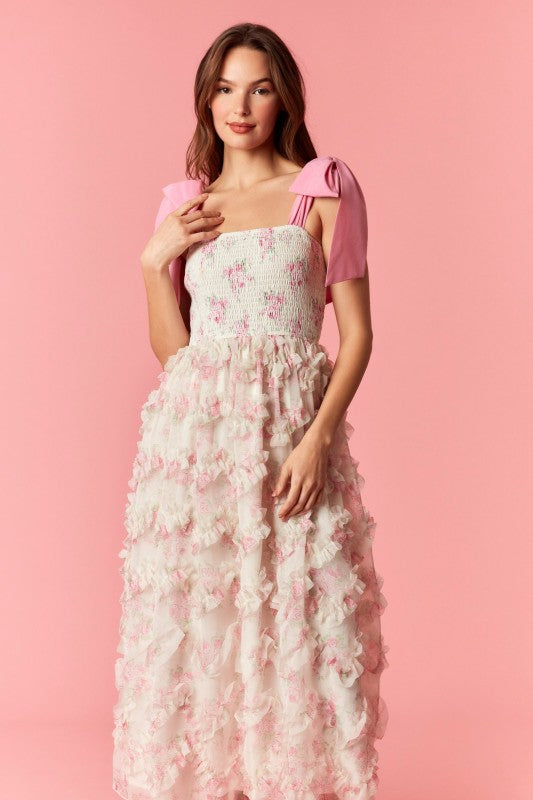 Bow Tie Strap Floral Smocked Organza Midi Dress - Cream/Pink / M Bow Tie Strap Floral Smocked Organza Midi Dress - Cream/Pink / M
