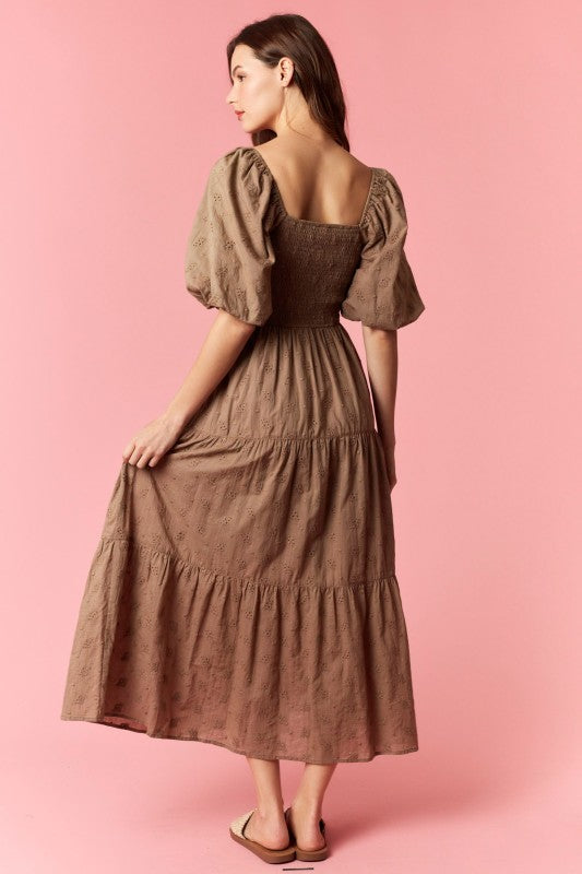 PEACH LOVE Women's Dresses Ditsy Eyelet Smocked Bow Front Bubble Sleeve Dress