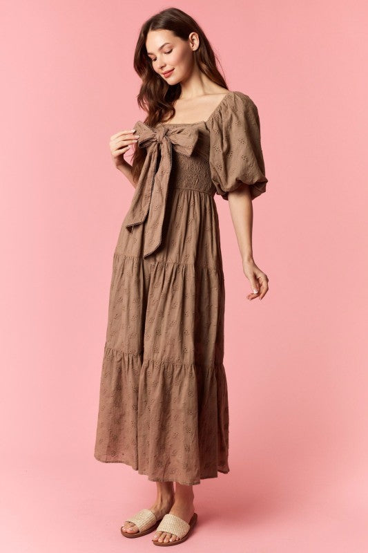 PEACH LOVE Women's Dresses Ditsy Eyelet Smocked Bow Front Bubble Sleeve Dress