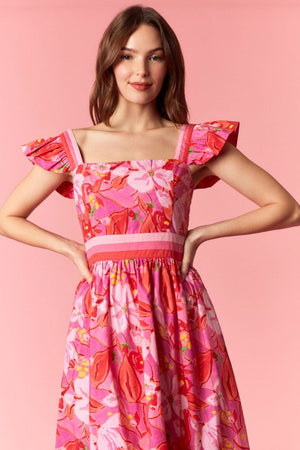 PEACH LOVE Women's Dresses Floral Print 3-color Band Ruffle Sleeve Midi Dress