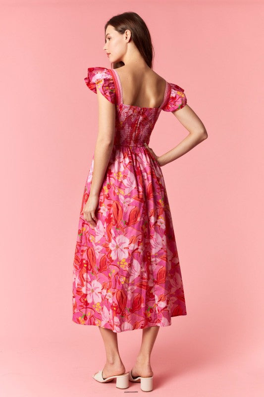 PEACH LOVE Women's Dresses Floral Print 3-color Band Ruffle Sleeve Midi Dress