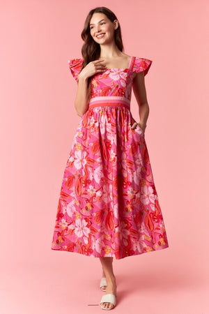 PEACH LOVE Women's Dresses Floral Print 3-color Band Ruffle Sleeve Midi Dress