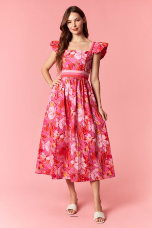 PEACH LOVE Women's Dresses Floral Print 3-color Band Ruffle Sleeve Midi Dress
