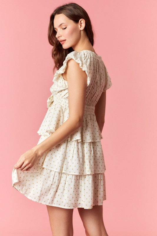 PEACH LOVE Women's Dresses Polka Dot Puff Sleeve V-neck Bow Mini Dress