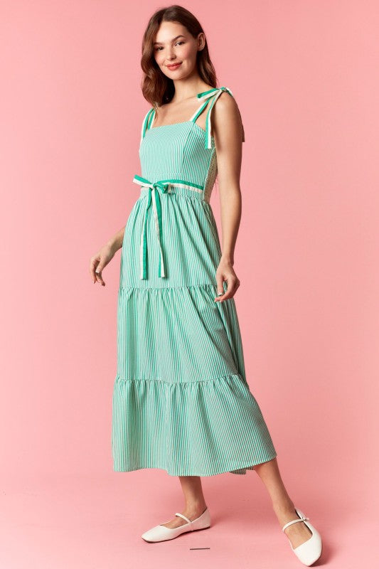 PEACH LOVE Women's Dresses Stripe 2-tone Band Bow Tie Sleeveless Midi Dress