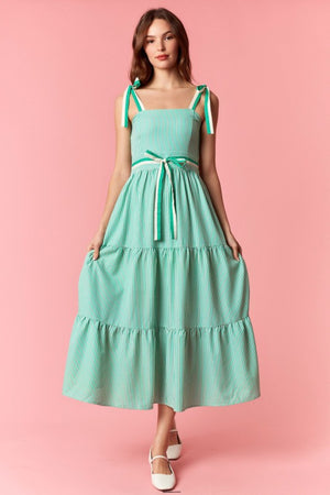 PEACH LOVE Women's Dresses Stripe 2-tone Band Bow Tie Sleeveless Midi Dress