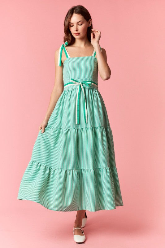 PEACH LOVE Women's Dresses Stripe 2-tone Band Bow Tie Sleeveless Midi Dress