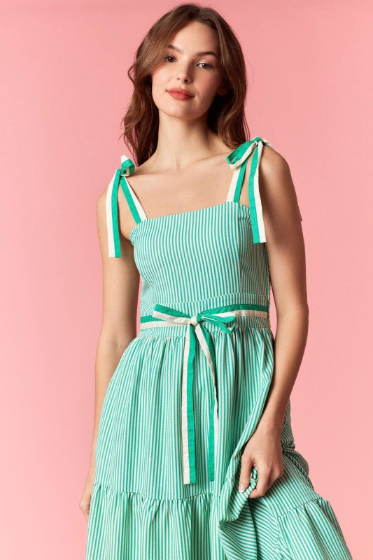 PEACH LOVE Women's Dresses Stripe 2-tone Band Bow Tie Sleeveless Midi Dress