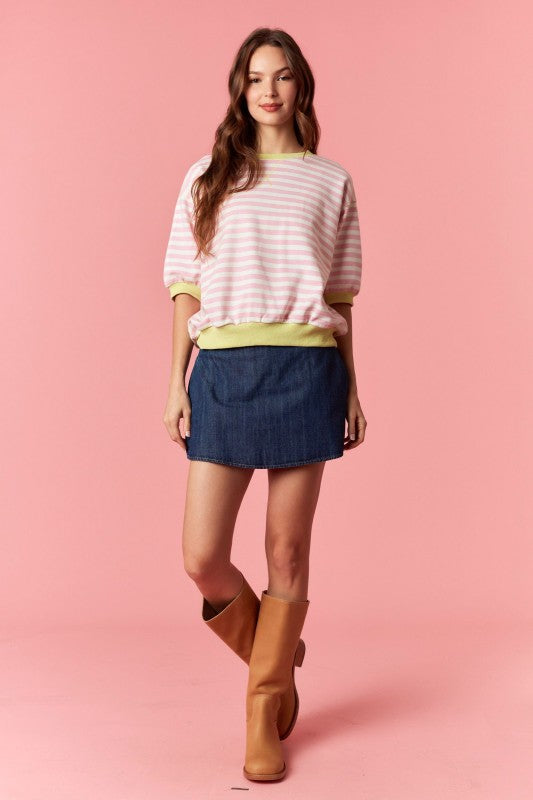 PEACH LOVE Women's Dresses Stripe French Terry Short Sleeve Semi Crop Top