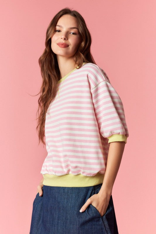 PEACH LOVE Women's Dresses Stripe French Terry Short Sleeve Semi Crop Top