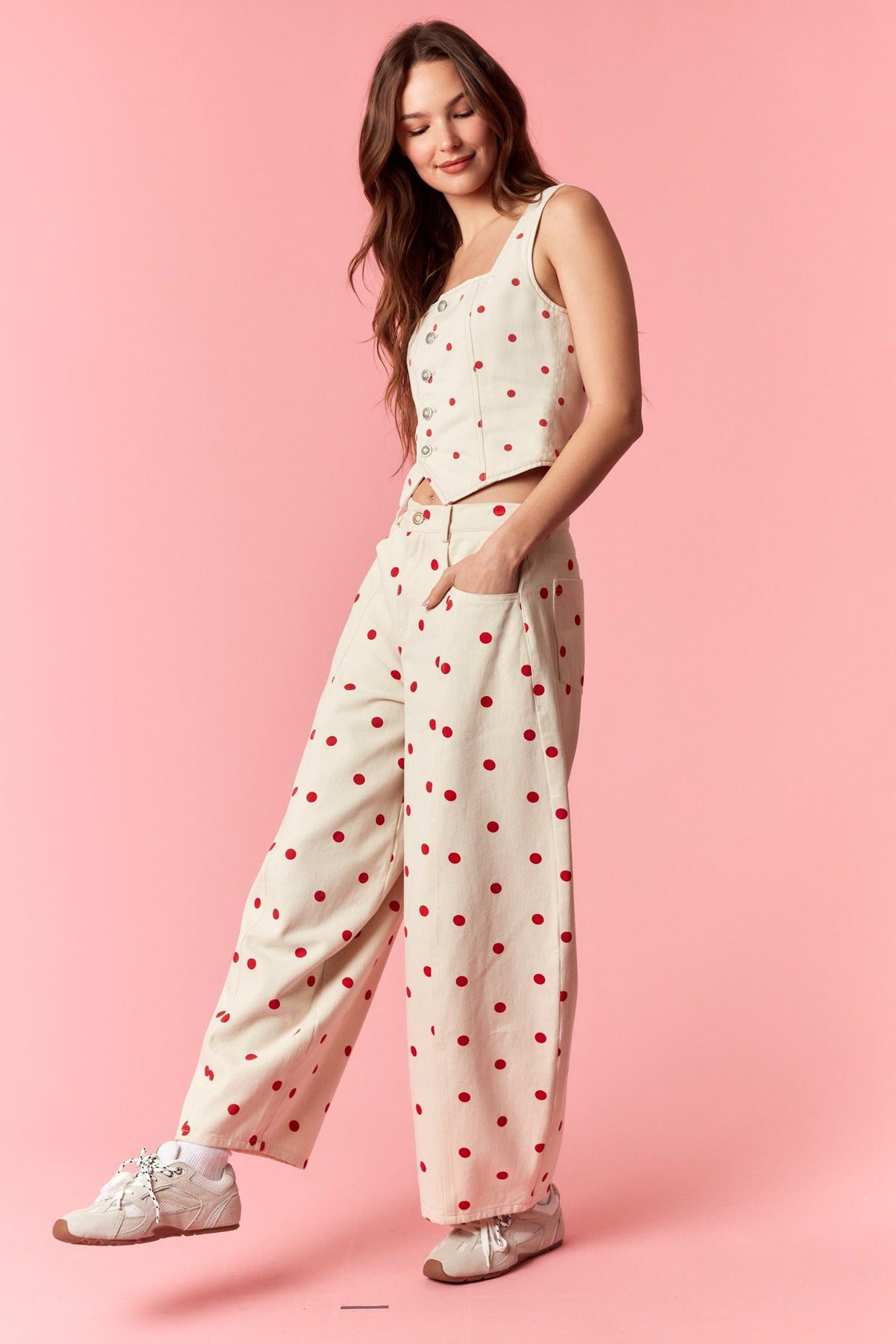 PEACH LOVE Women's Jeans Polka Dot Printed Wide Denim Pants