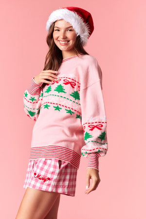 PEACH LOVE Women's Sweaters Christmas Tree & Bow Prints Multi Color Rib Sweater